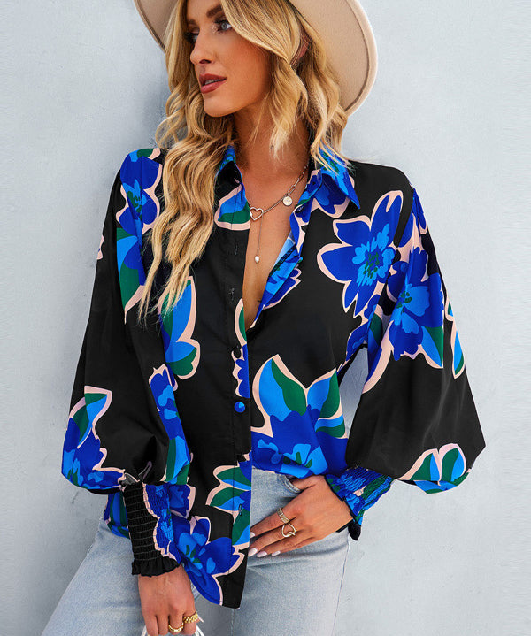 Women's Puff Sleeve Tie Dry  Button-Up Blouse