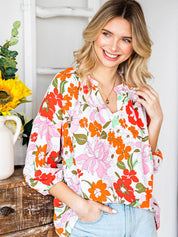 Floral Notched Neck Balloon Sleeve Blouse