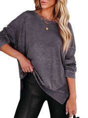Distressed Solid Waffle Round Neck Side Split Sweatshirt