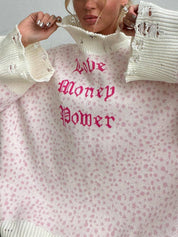 Women's Letter Jacquard Tattered Design Baggy Sweater