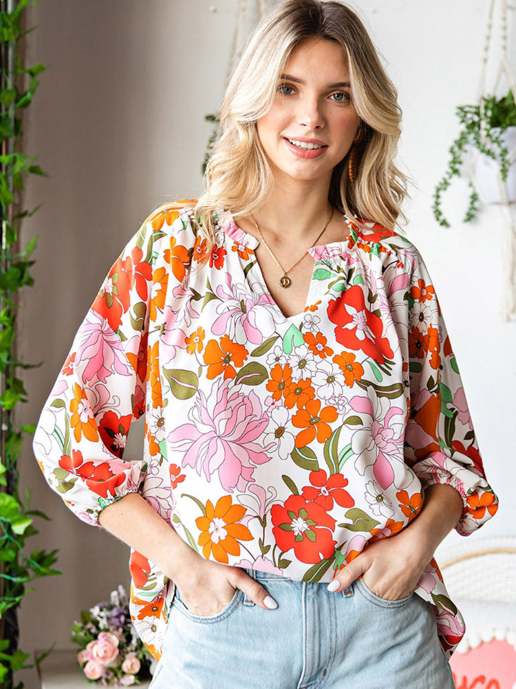 Floral Notched Neck Balloon Sleeve Blouse