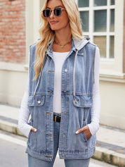 Women's Drawstring Sleeveless Hooded Denim Vest