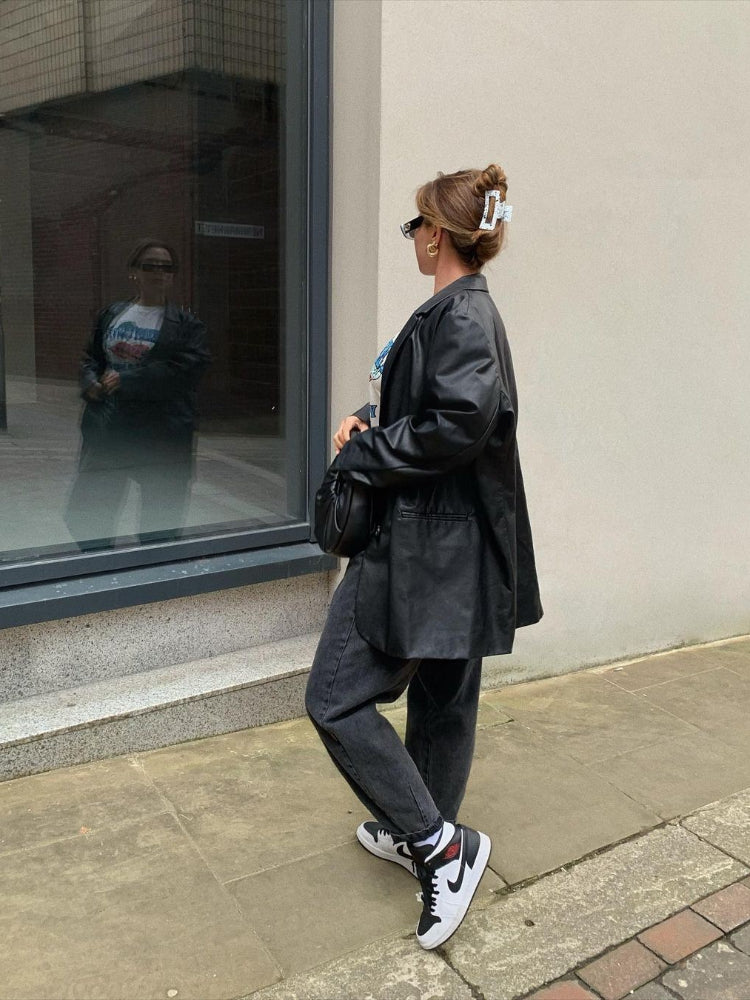 Women's Loose Faux Leather Bomber Jacket