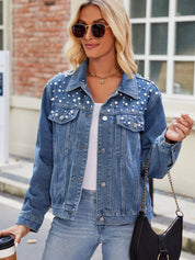 Women's Classic Slim Fit Button Up Denim Jacket with Pearl