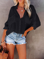 Women's Collared Big Pocket Short Sleeve Blouse
