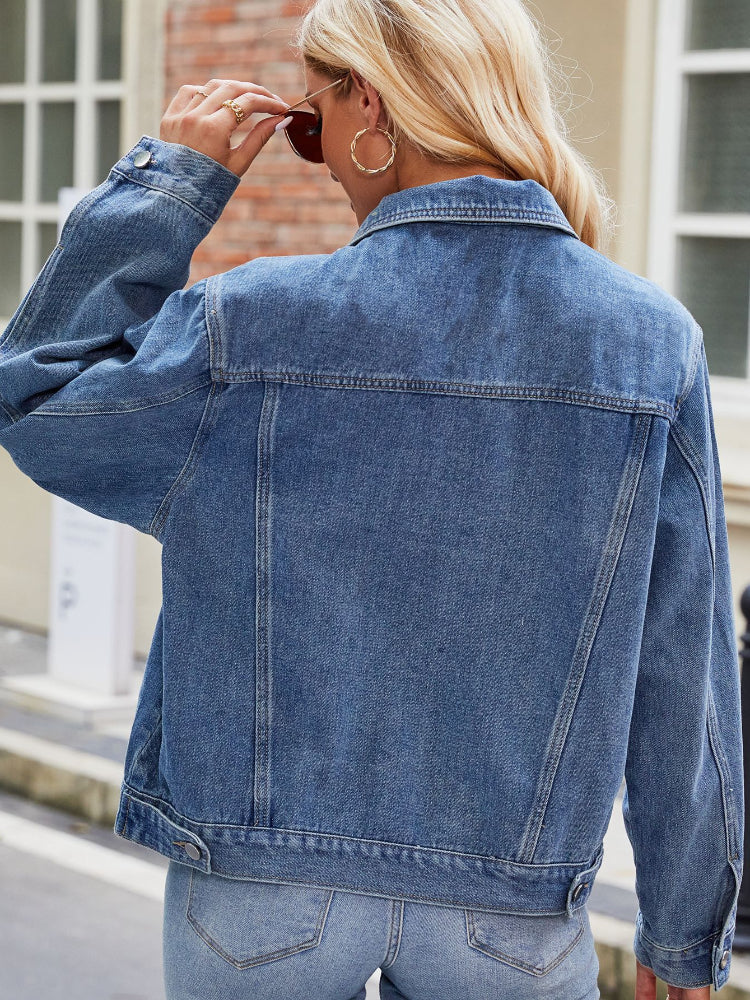 Women's Classic Slim Fit Button Up Denim Jacket with Pearl