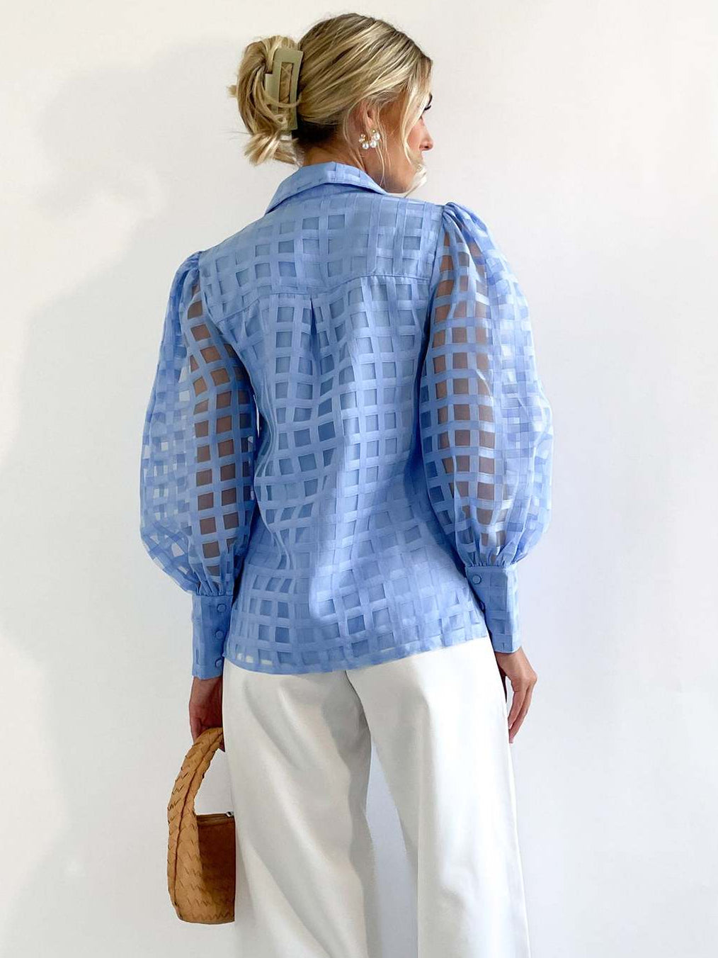 Check Textured Organza Collar Puff Sleeve Shirt