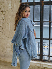 Retro Collared Neck Dropped Shoulder Denim Jacket