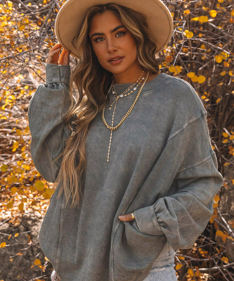 Exposed Seam Twist Open Back Baggy Sweatshirt