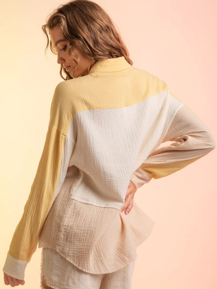 Chic Long Sleeve Color Blocked Button Down Shirt