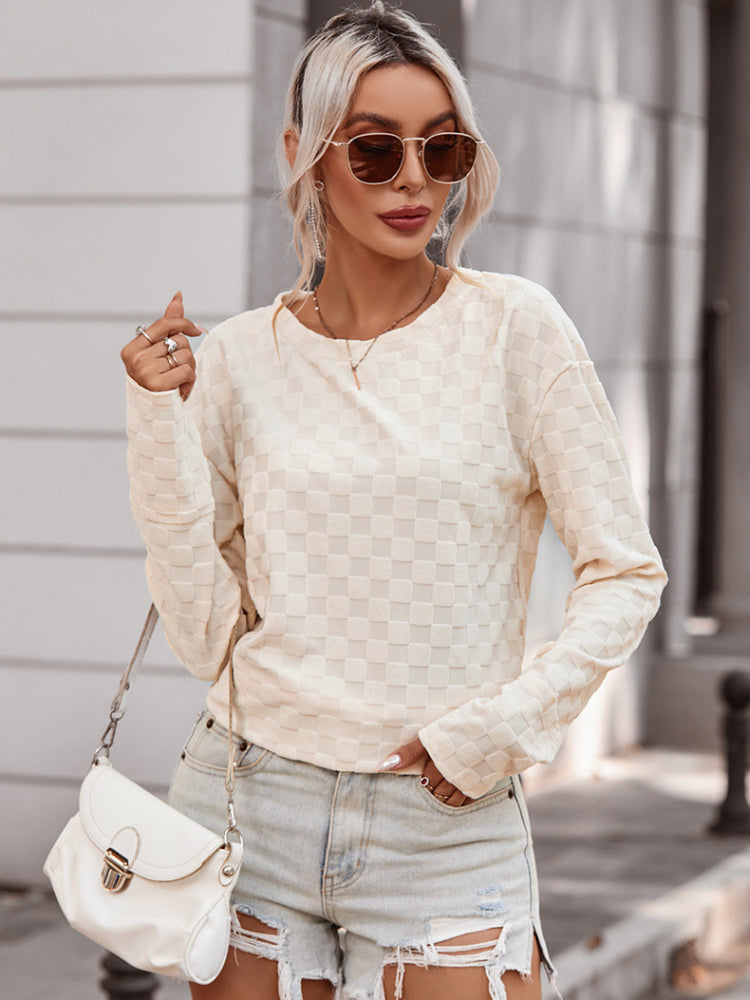 Women's Checkered Textured Crewneck Knit Pullover