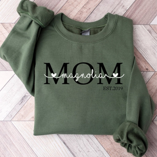Custom Mom Est Year Sweatshirt with Kids Name Personalized Mother's Day Tee