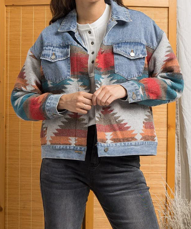 Women's Western Cowgirl Aztec Pattern Denim Jacket