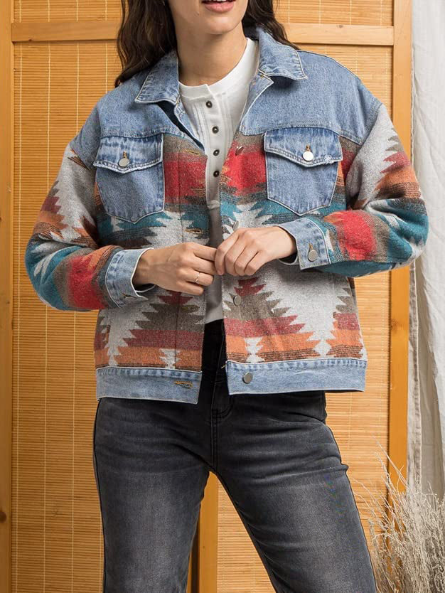 Women's Western Cowgirl Aztec Pattern Denim Jacket