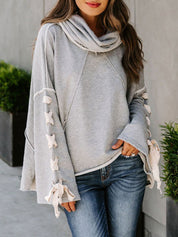 Exposed Seam Loose Neck Hooded Lace Up Bell Sleeve Pullover