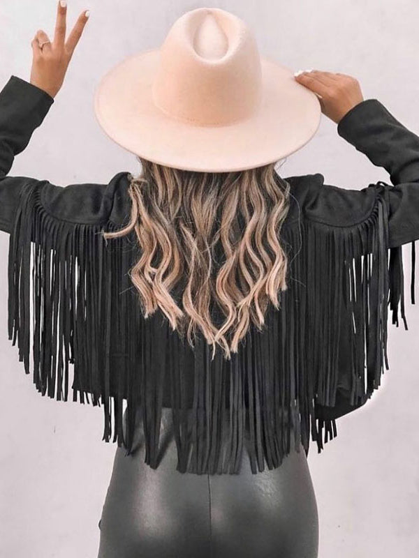 Women's Leather Sueded Elegant Collared Tassel Jacket