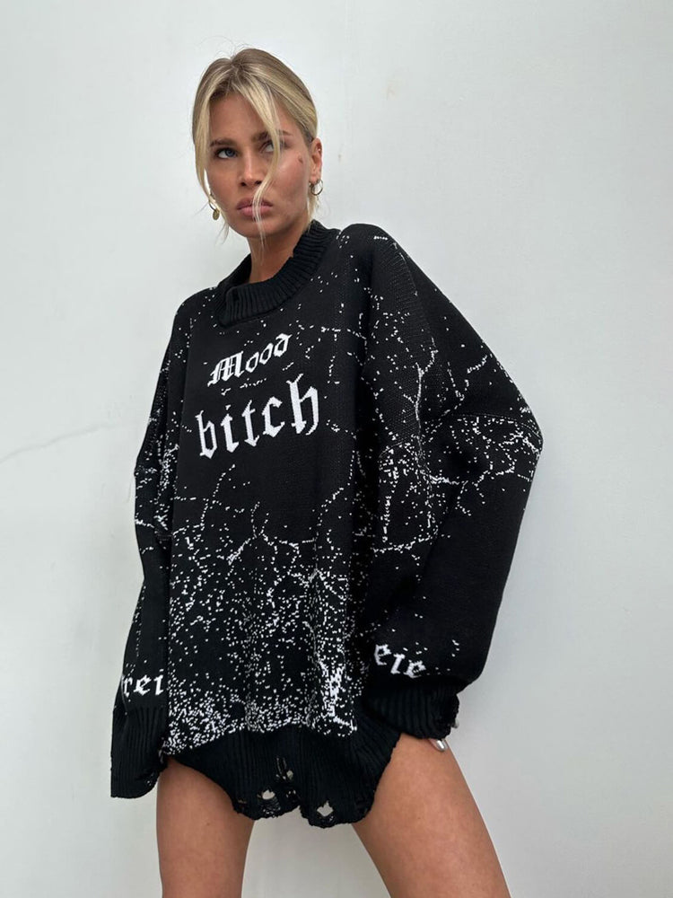Women's Distressed Abstract  Mood Letter Printed Pullover Sweater