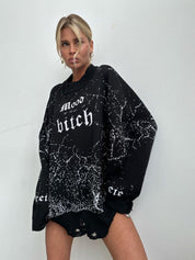 Women's Distressed Abstract  Mood Letter Printed Pullover Sweater