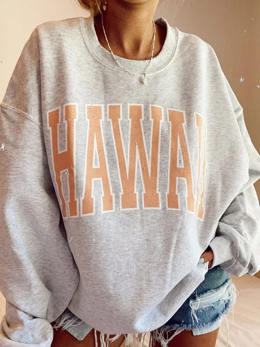 Ladies Oversized Hawaii Printed Crew Neck Sweatshirt