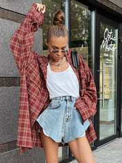 Women's Oversized Red Plaid Long Sleeve Shirt