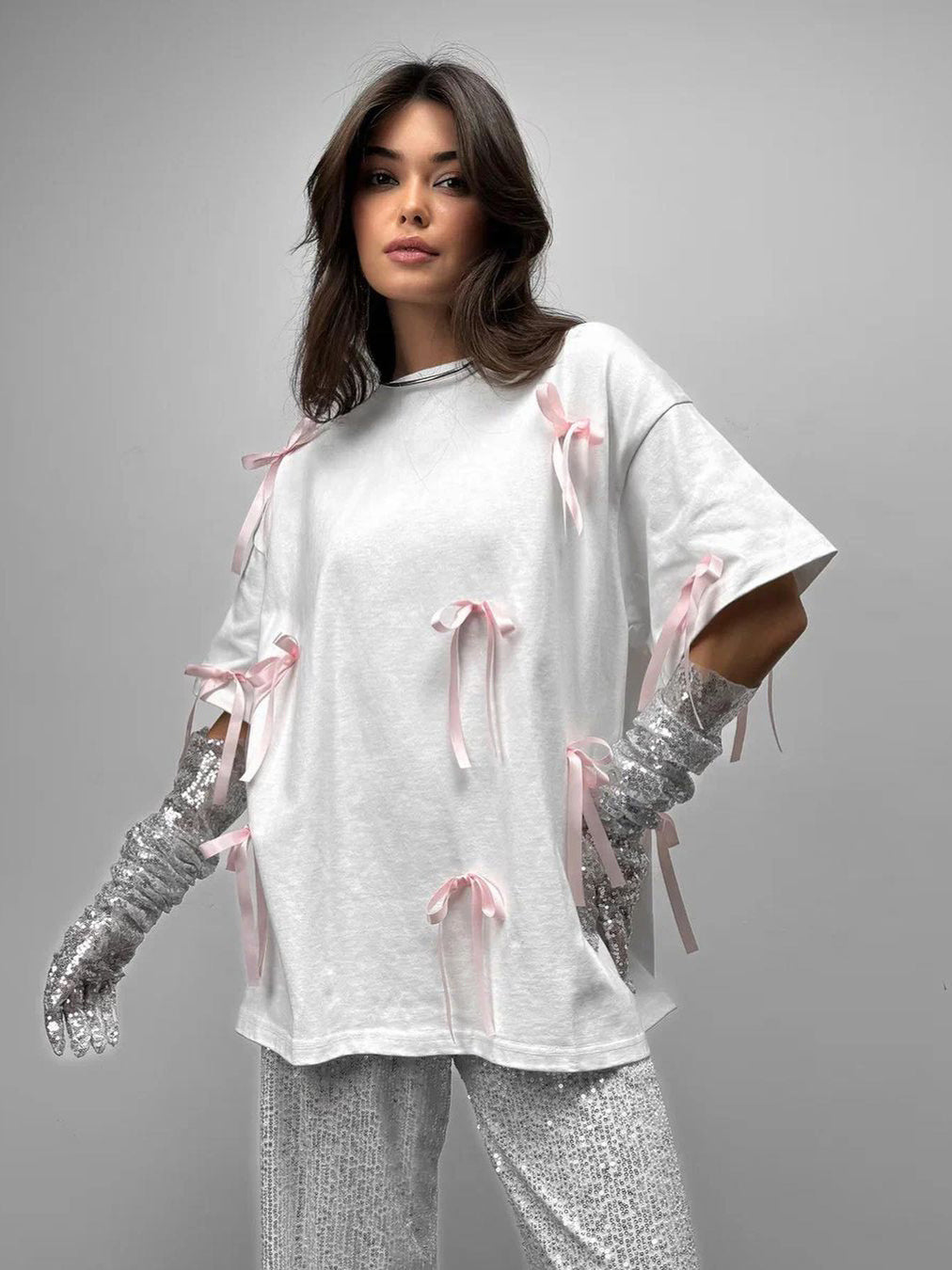 Women's Chic Ribbon Short Sleeve Baggy Shirt