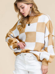 Chic Plaid Exposed Seam Bishop Sleeve Knit Sweater
