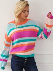 Multicolor Striped Round Neck Long Sleeve Knit Sweater