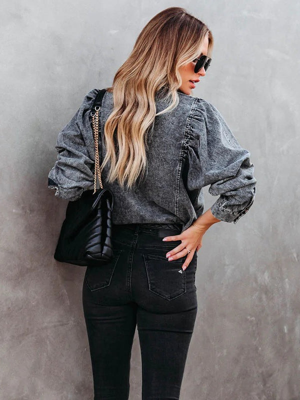 Distressed Puff Sleeve Button-Up Denim Jacket