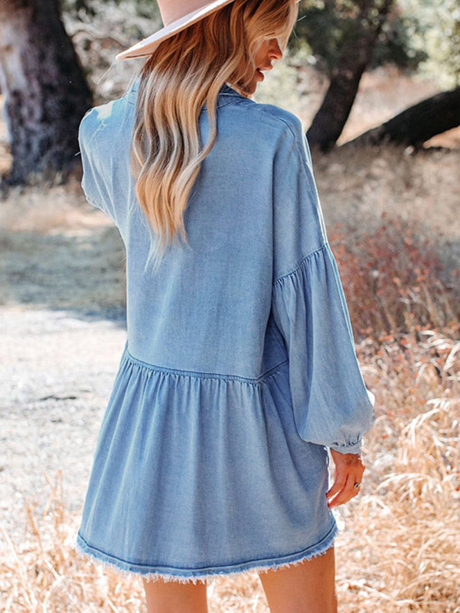 Distressed Button-Up Raw Hem Denim Shirt Dress