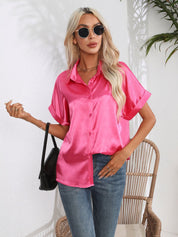 Lapel Collar Button Up Short Sleeve Poplin Shirt