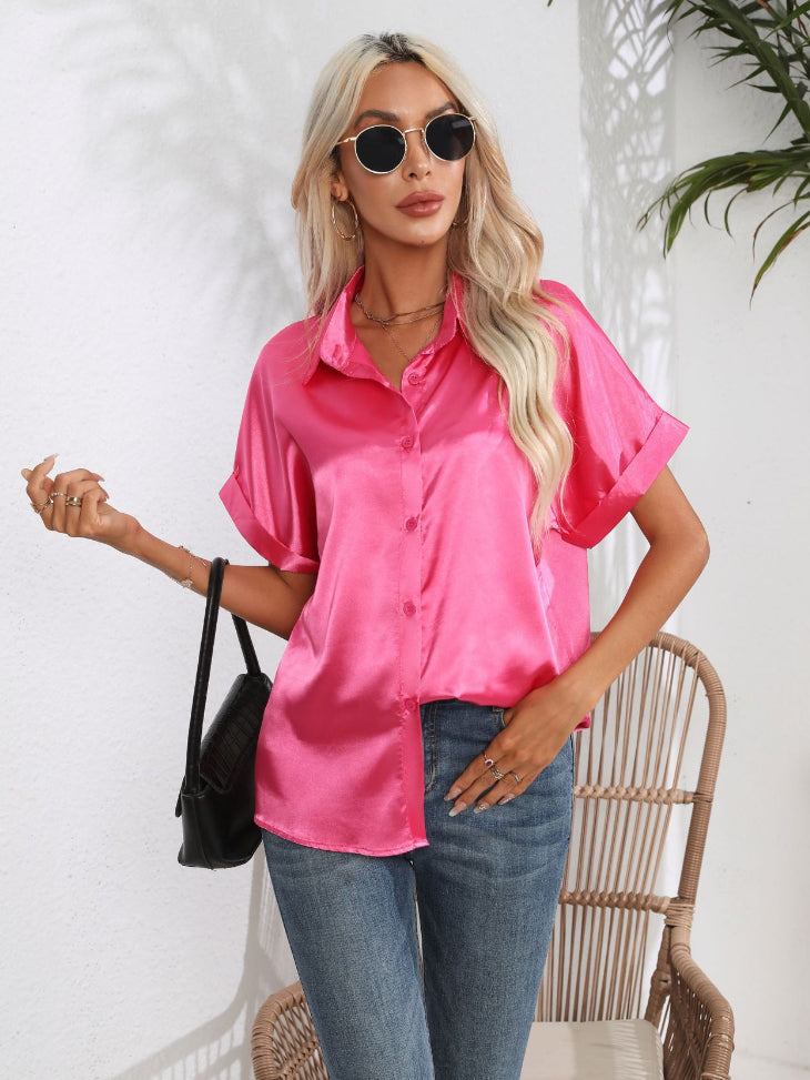 Lapel Collar Button Up Short Sleeve Poplin Shirt