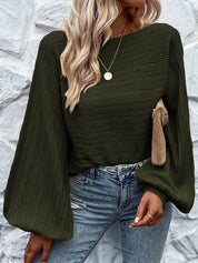 Openwork Boat Neck Puff Sleeve Sweater