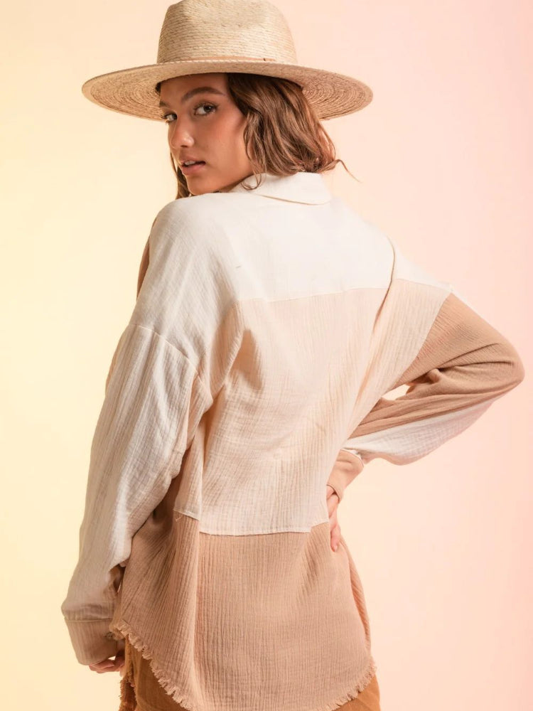 Chic Long Sleeve Color Blocked Button Down Shirt