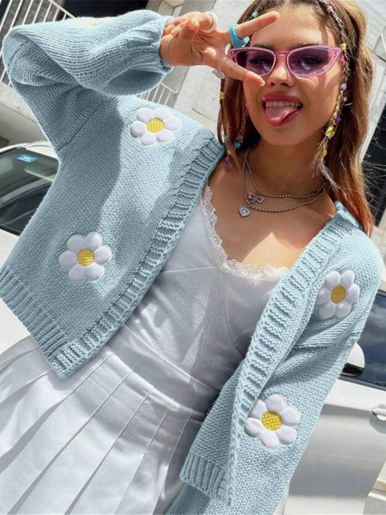 Women's Floral Open Cardigan Cropped Sweater