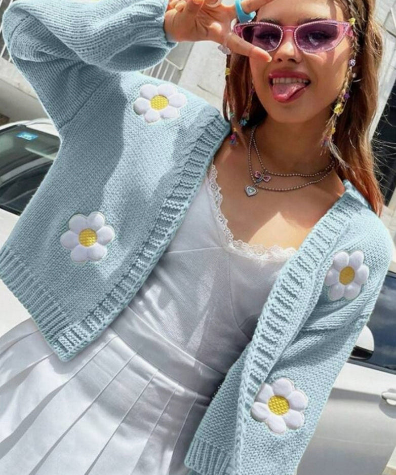 Women's Floral Open Cardigan Cropped Sweater