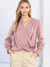 Solid Surplice Neck Shirred Cuffs Draped Blouse