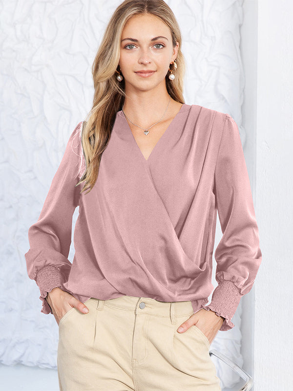 Solid Surplice Neck Shirred Cuffs Draped Blouse