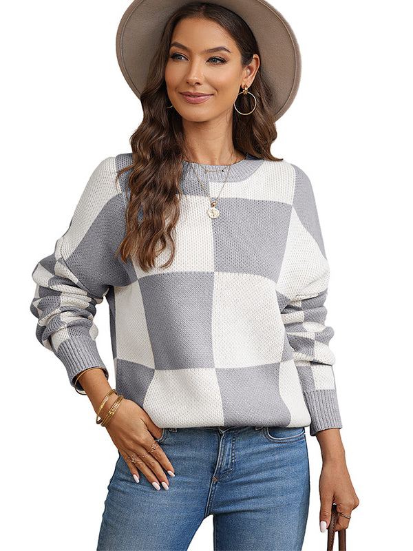 Jersey de punto con cuello redondo y estampado a cuadros chic