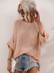 Boat Neck Cuffed Sleeve Slit Tunic Knit Top
