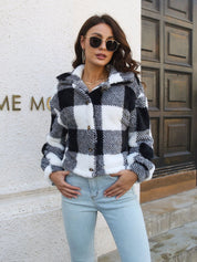 Women's Plaid Fuzzy Button Down Cropped Jacket
