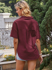Women's Preppy Solid Button Short Sleeve Shirt