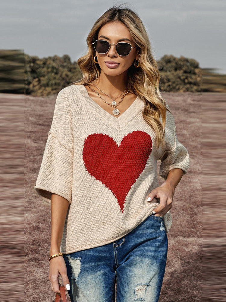 Women's V-Neck Mid Dropped Sleeve Heart Slouchy Sweater