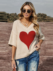 Women's V-Neck Mid Dropped Sleeve Heart Slouchy Sweater