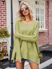 Women's Ribbed V Neck Side Split Knit Pullover Jumper