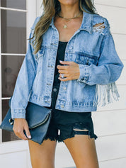 Distressed Hole Fringe Buttoned Denim Jacket