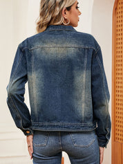 Women's Distressed Button-Up Lapel Denim Bike Jacket