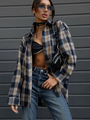 Women's Vintage Blue Plaid Button-Up Lapel Shirt