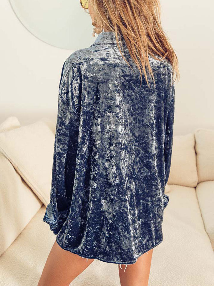 Women's Solid Button Front Crushed Velvet Blouse