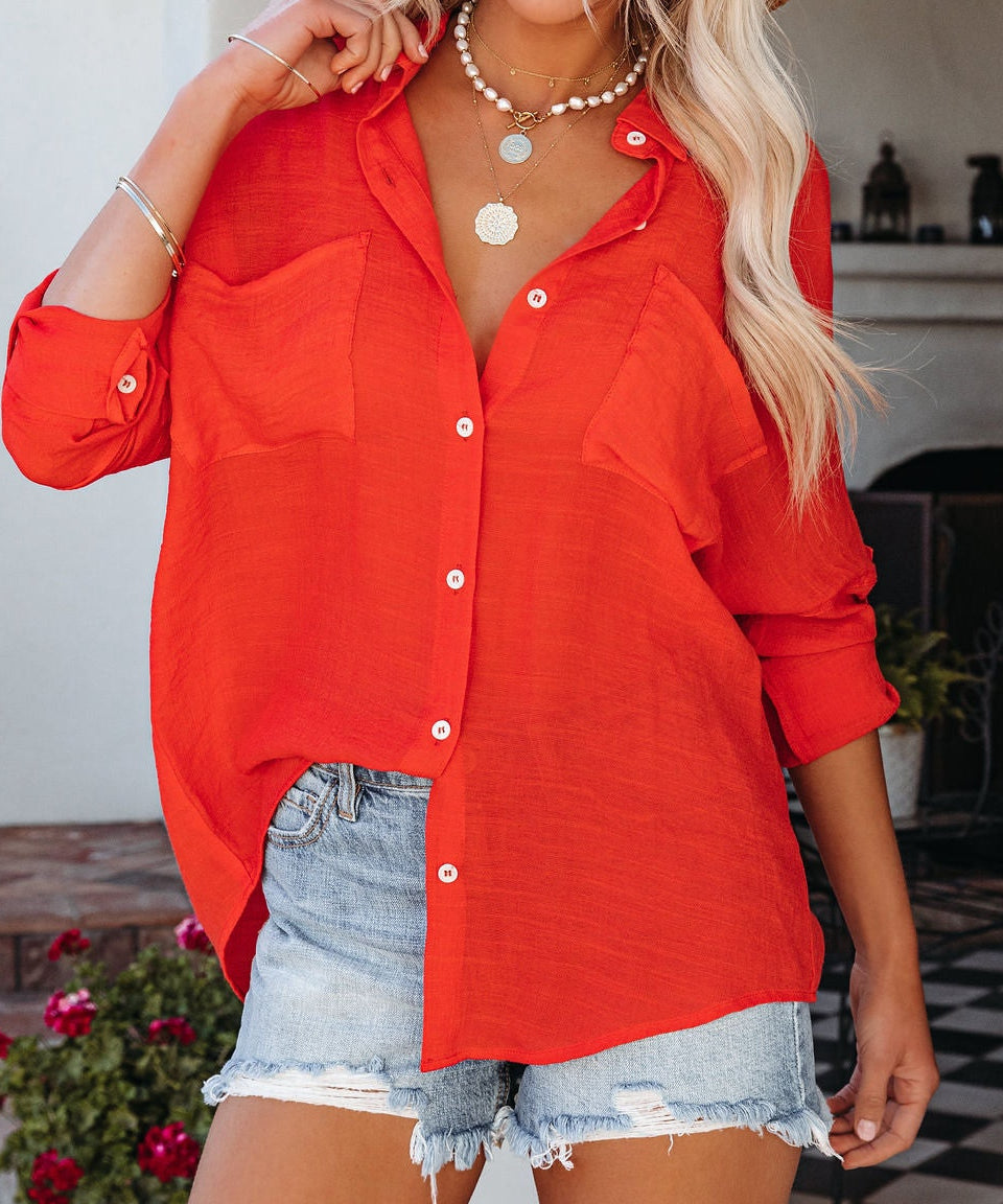 Women's Collared Big Pocket Short Sleeve Blouse