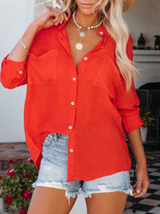 Women's Collared Big Pocket Short Sleeve Blouse